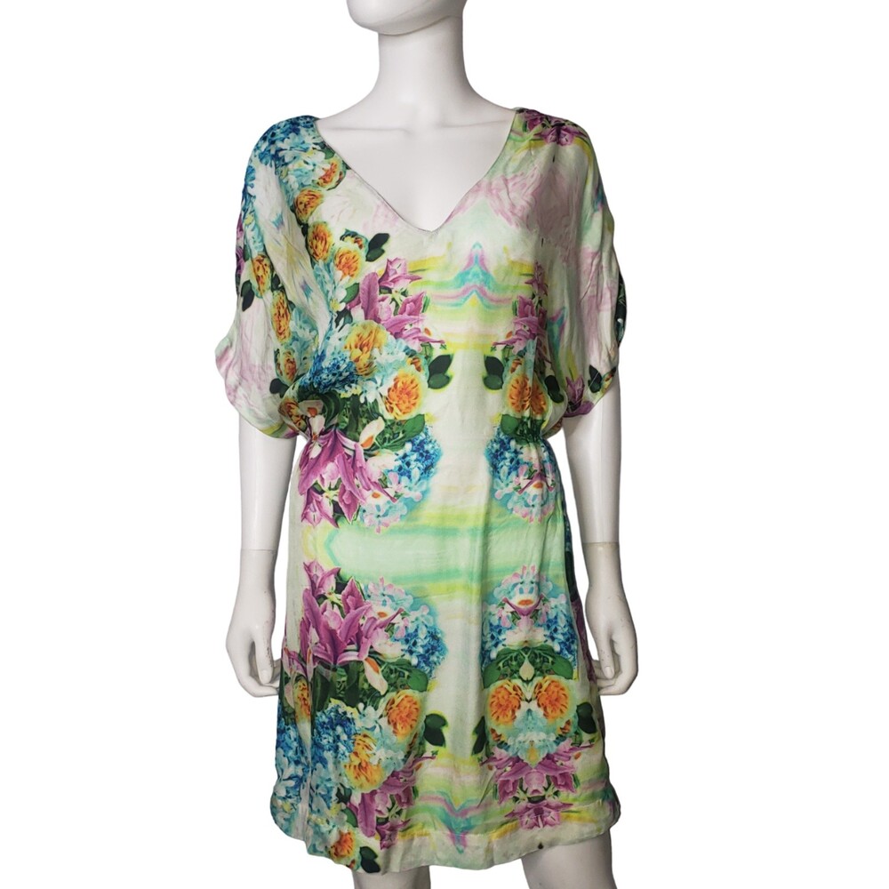 ZARA Tropical Floral Watercolor Silk Dress Womens Size Small